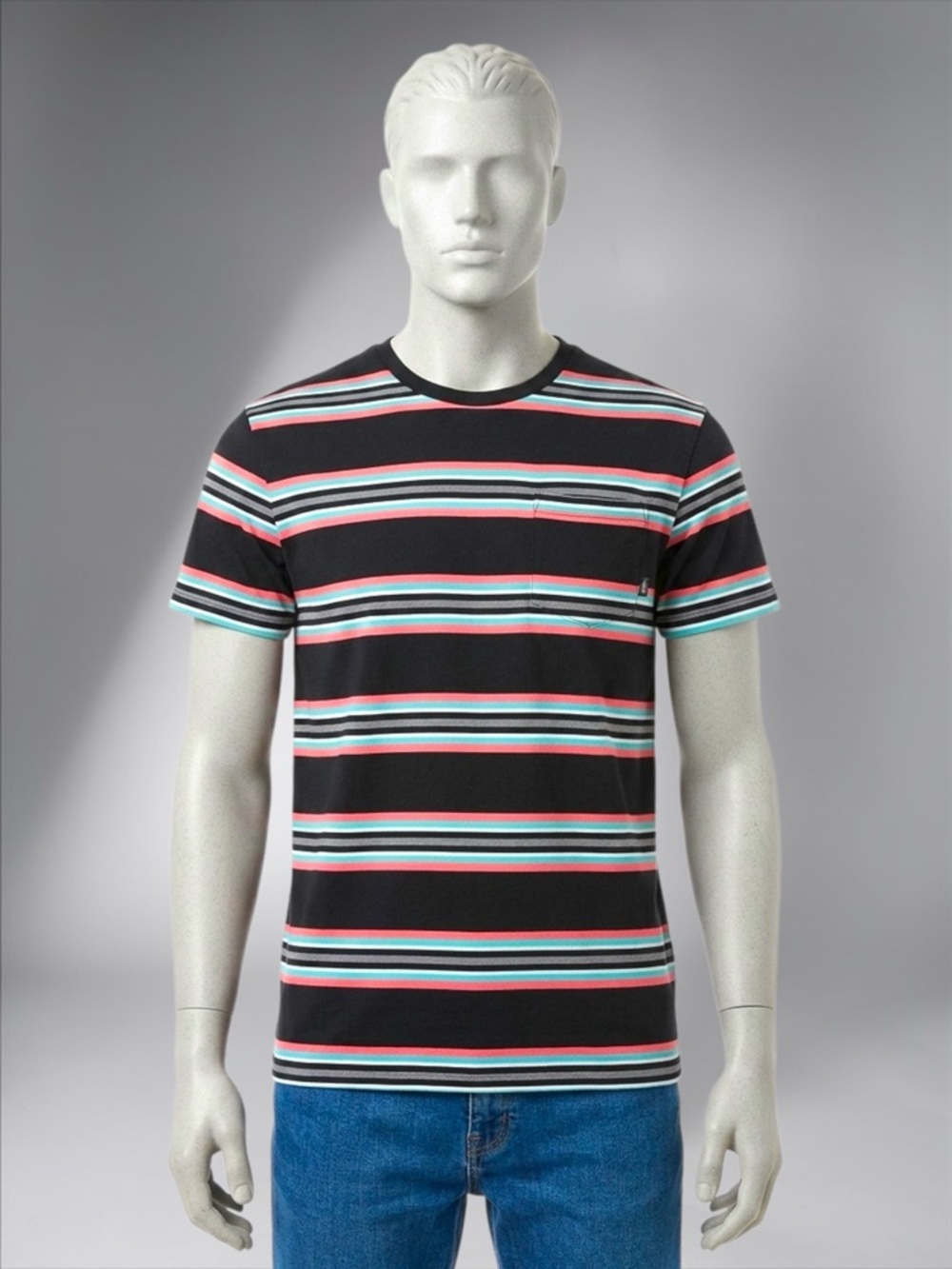 Men's Black Striped Crew Neck T-Shirt with Pocket - Picture 12 of 15